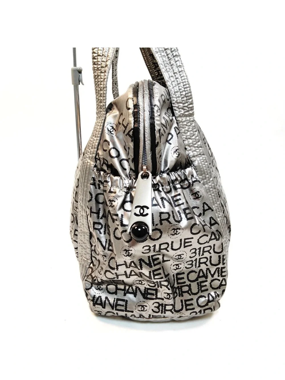 CHANEL Rue Cambon Metallic Nylon Tote Silver Black Logo Shoulder Bag - Picture 5 of 11
